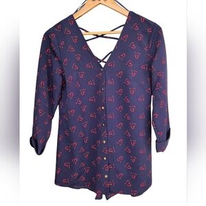 Heart 3/4 Sleeve Low V Neck Flowy F&F Button Down Strappy Back Slit Blouse Sz 4